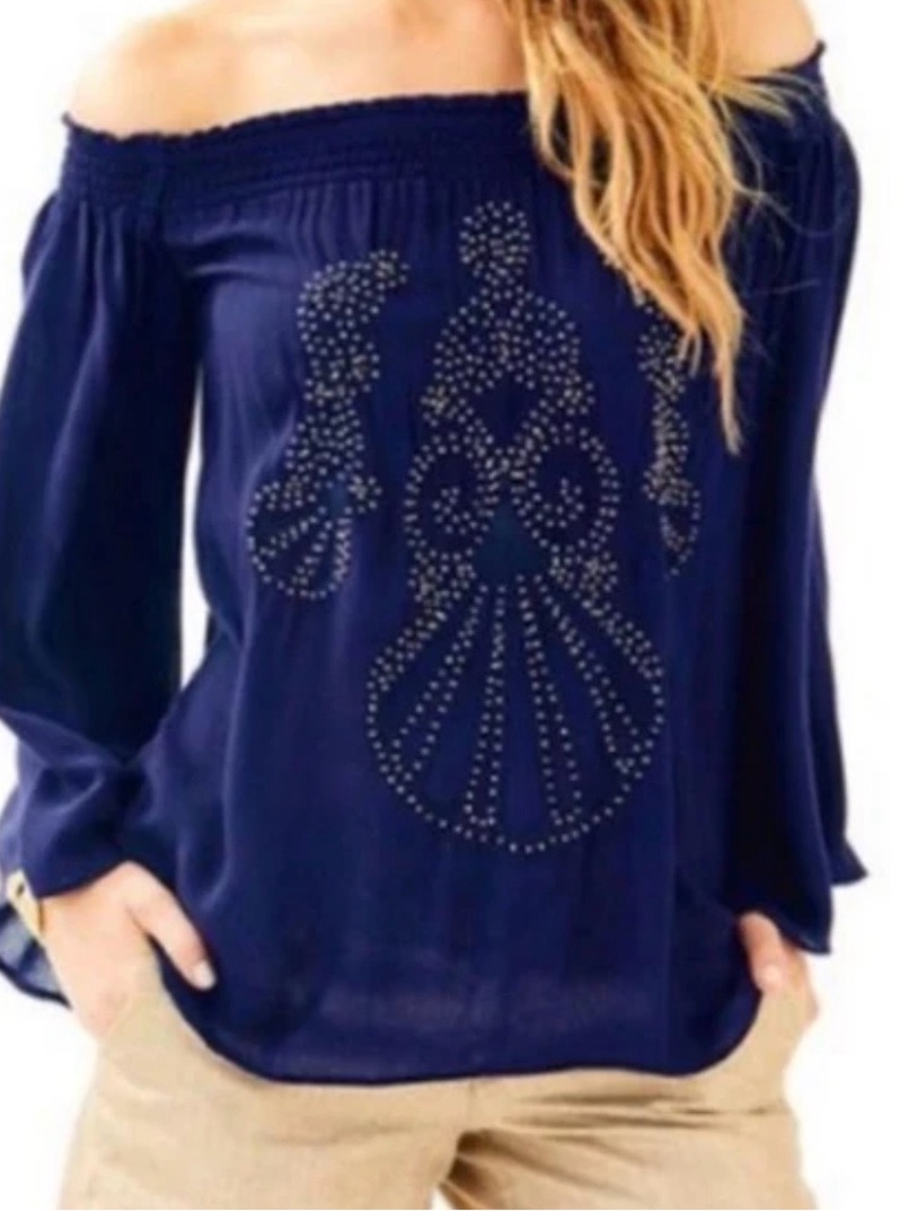 Lilly Pulitzer Navy Off-Shoulder Studded seashell Blouse 3/4 sleeve gauze Top M